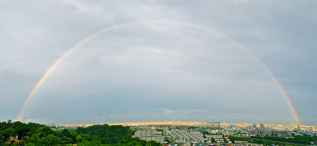 Arcobaleno fino su bel prato verde e abitazioni