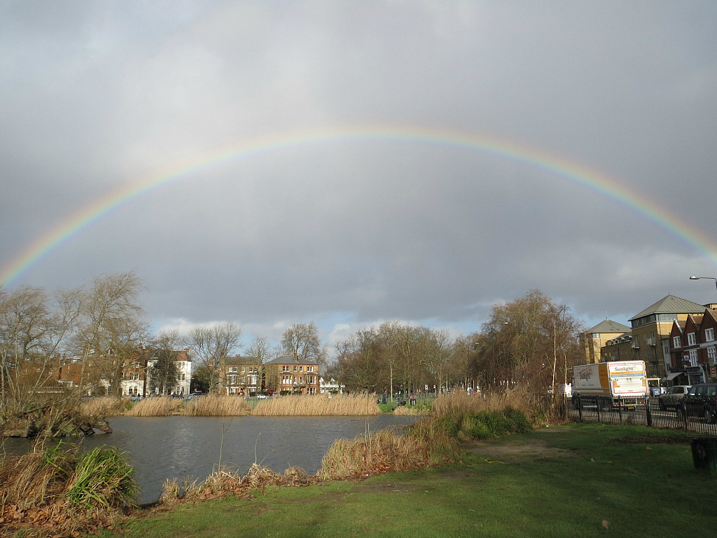 Arcobaleno sopra laghetto circondato dal verde