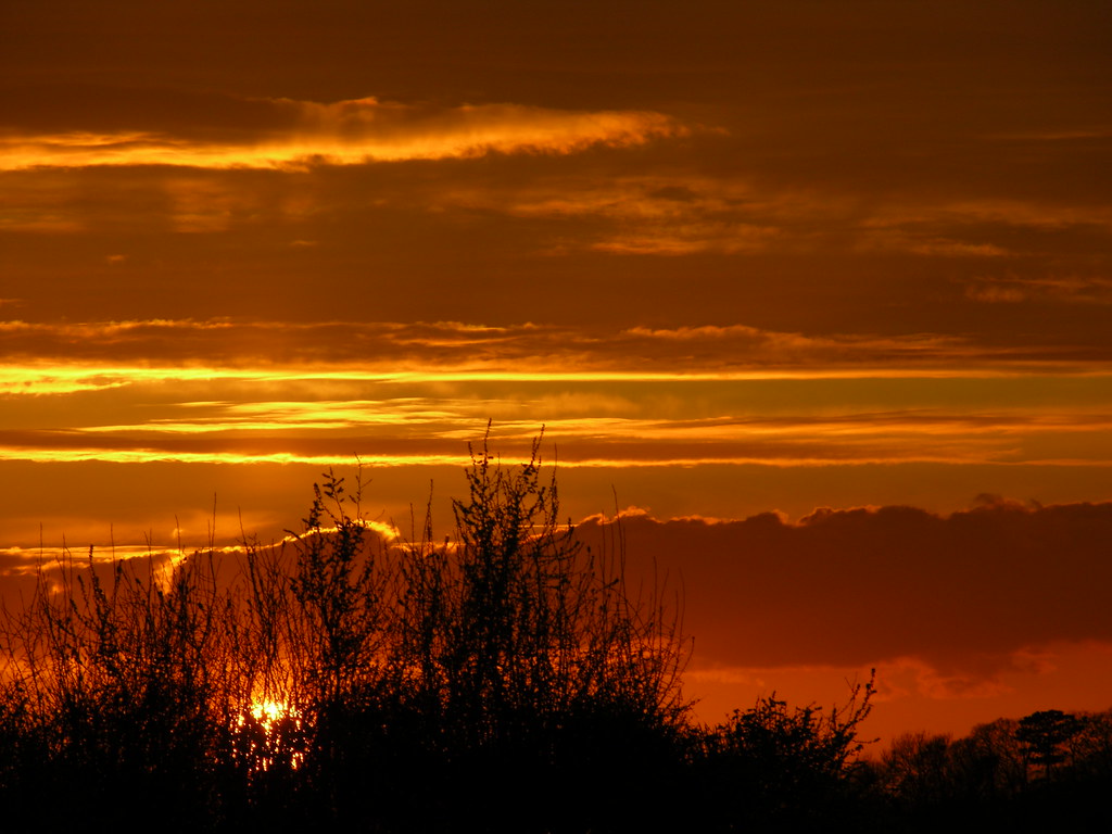 Cielo rossastro con bande orizzontali gialle al tramonto