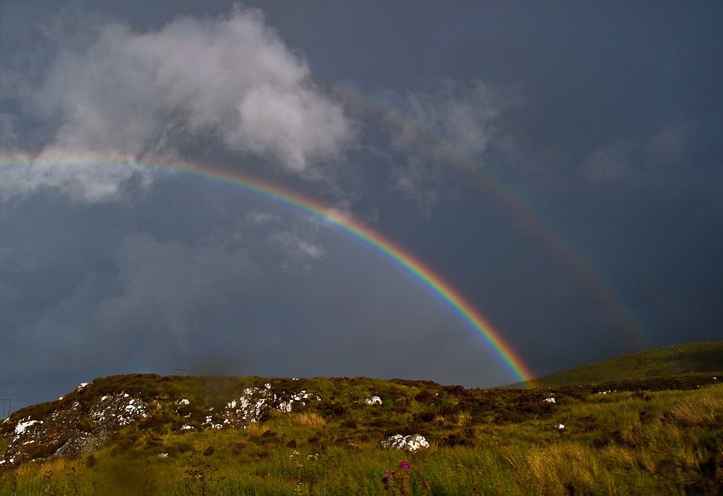 Doppio arcobaleno sulla terra con molta erba